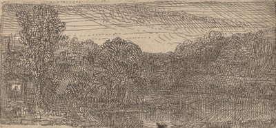 Petit paysage gris: une maison et des arbres près d
