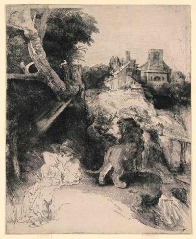 Saint Jérôme lisant dans un paysage italien - Rembrandt van Rijn