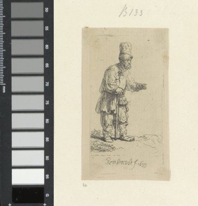 Paysans debout avec un grand chapeau, appuyé sur un bâton - Rembrandt van Rijn