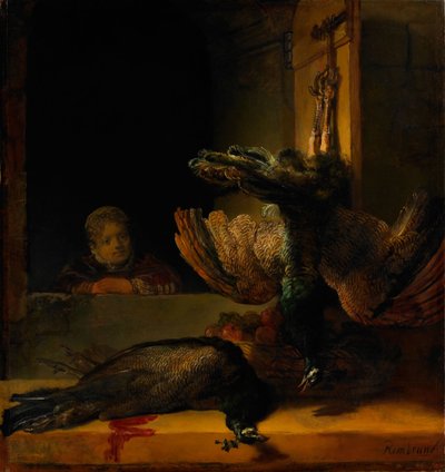 Nature morte avec deux paons et une fille, vers 1639 - Rembrandt van Rijn