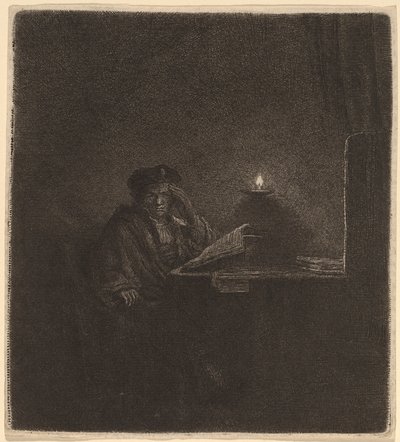 Étudiant à une table à la lumière des bougies - Rembrandt van Rijn