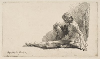 Étude de nu : Homme assis par terre, une jambe étendue, 1646 - Rembrandt van Rijn