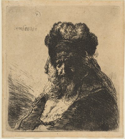 Le vieil homme barbu avec un bonnet de fourrure, les yeux fermés - Rembrandt van Rijn