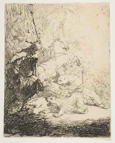 La petite chasse au lion, avec deux lions - Rembrandt van Rijn