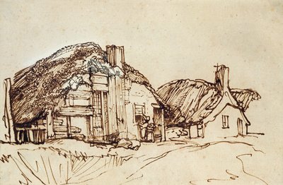 Deux chaumières avec des figures à la fenêtre - Rembrandt van Rijn
