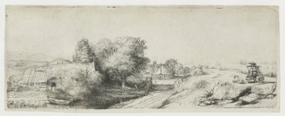 Vue sur le Diemerdijk avec un laitier et des chaumières - Rembrandt van Rijn