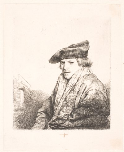Jeune homme avec un bonnet de velours et des livres à côté de lui - Rembrandt van Rijn