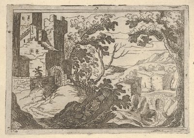 Paysage avec des bâtiments à gauche et un pont à droite en bas, ca. 1620-50 - Remigio Cantagallina
