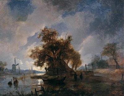 French : Paysage fluvial hollandais au clair de lune Dutch River Landscape in the Moonlight - Remigius Adrianus Haanen