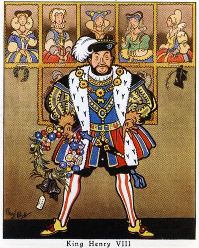 Le roi Henri VIII décorant les portraits de ses épouses avec du houx, du gui et une couronne pour Noël, 1936 - René Bull