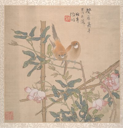 Deux oiseaux perchés sur un rosier en fleurs, fin du 19ème siècle - Ren Yi