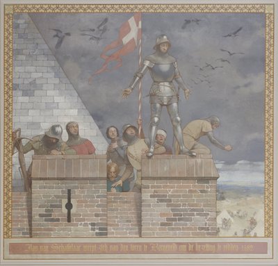 Représentation de Jan van Schaffelaar se jetant de la tour à Barneveld pour sauver la garnison, par Georg Sturm, sur le mur sud du hall d