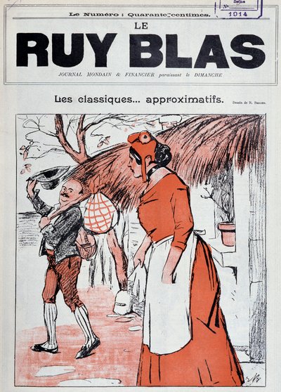 Marianne en paysanne, un mouchoir à la main, sur les marches de sa maison, regardant un homme sortir pour la saluer - Dessin de R. Berger pour la couverture de Ruy Blas, janvier 1 - Rene Berger