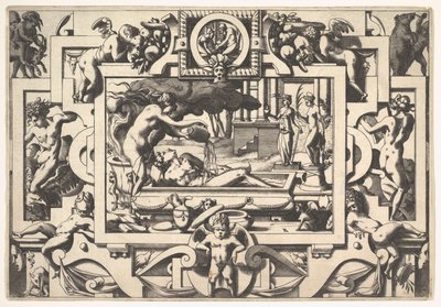 Médée verse une potion magique sur Jason Le roi Aeson tant caduque et chenu en une cuve elle..., 1563 - Rene Boyvin