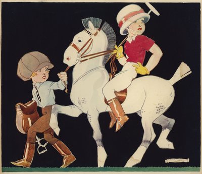 Garçon sur un poney de polo, conduit par une fille d