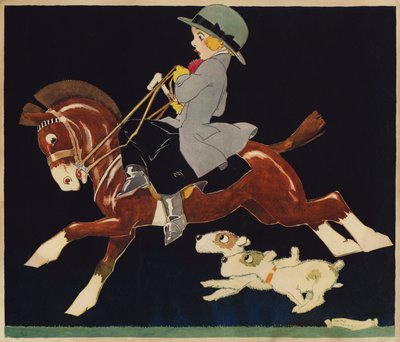 Fille montant un poney rapide, suivie de chiens - Rene Vincent