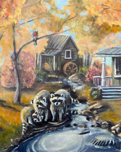 Des ratons laveurs à Autumn Stream - Renee Machan Cottagecore Artist