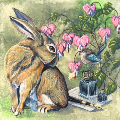 Un lapin et un oiseau fantaisistes - Renee Machan Cottagecore Artist