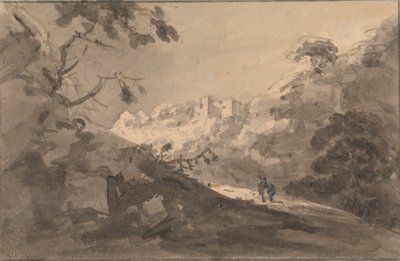 Deux figures sur une route avec château au centre de la distance - Rev. William Gilpin