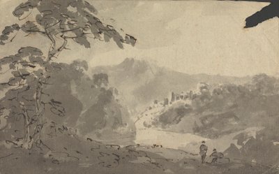 Deux hommes regardant un paysage avec château, rivière et montagne - Rev. William Gilpin