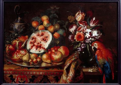 Nature morte avec perroquet rouge et fruits - Reynaud Levieux