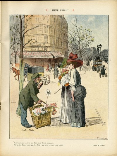 Illustration de Ricardo Flores (1878-1918) dans Le Rire, 25/04/08 - Triple extrait - Architecture urbanisme, Mode, Chapeau, Transport, Fleurs, Boutiques - Ricardo Flores