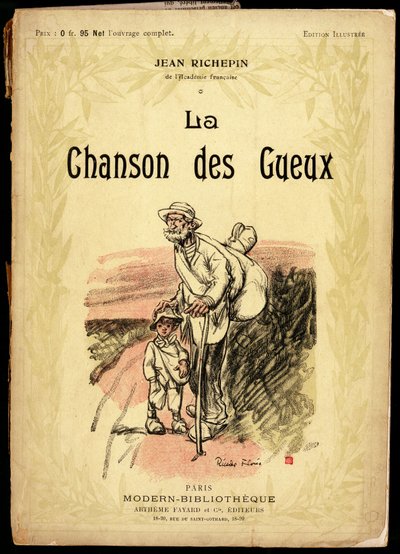 Vieil homme et petit garçon, portant des nœuds de voyage et des chaussures enveloppées de chiffons, sur une route (illustration par Ricardo Flores pour la couverture de la collection de textes et poésies intitulée "La chanson des gueux", par Jean Richepin) - Ricardo Flores