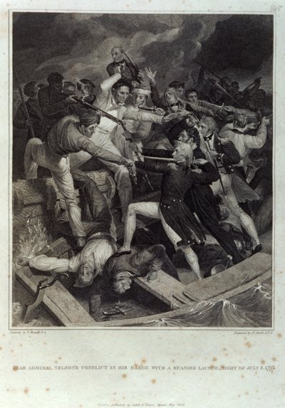 Conflit du contre-amiral Nelson dans sa barge avec une chaloupe espagnole, nuit du 3 juillet 1797, gravé par A. Smith, publié par Cadell & Davies, mai 1809 - Richard (after) Westall