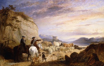 Conducteurs de troupeaux des Highlands et chiens conduisant leurs moutons et bovins dans un paysage rocheux boisé, 1846 - Richard Ansdell
