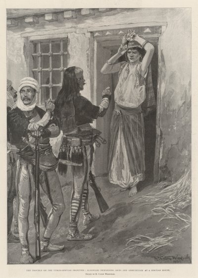 Les troubles à la frontière turco-serbe, les Albanais demandant des armes et des munitions dans une maison serbe - Richard Caton Woodville junior