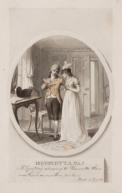 M. Courtney montrant à Henrietta le portrait miniature de leur mère, Livre 5 Chapitre 4, illustration pour une édition de 1798 de 