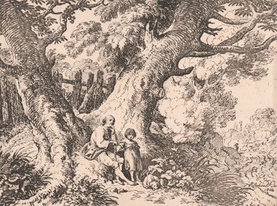 Vieux arbres avec vieil homme, enfant et chien - Richard Corbould