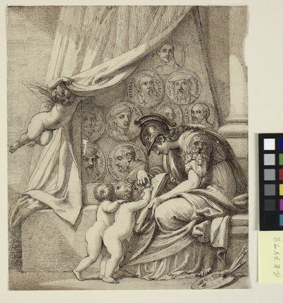 Le génie de la peinture. Minerve instruisant des putti dans l