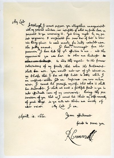 Lettre de Richard Cromwell, Lord Protecteur, au général George Monck, 18 avril 1660 - Richard Cromwell