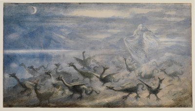 Paysage au clair de lune, avec une sorcière et de jeunes dragons, 1876 - Richard Doyle