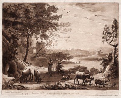 Liber Veritatis : No. 42, Un paysage fluvial avec un berger et une bergère et un troupeau de bovins - Richard Earlom