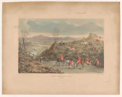 Paysage vallonné avec chasseurs et chiens chassant le lièvre (Chasse au lièvre, Planche 1) - Richard Gilson Reeve