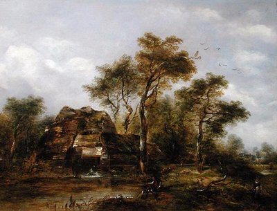 Moulin à eau avec homme pêchant - Richard Hilder