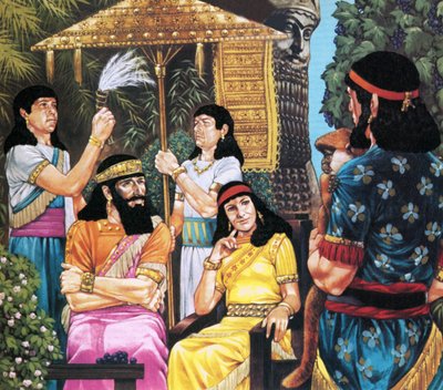 Roi et reine assyriens recevant un singe - Richard Hook