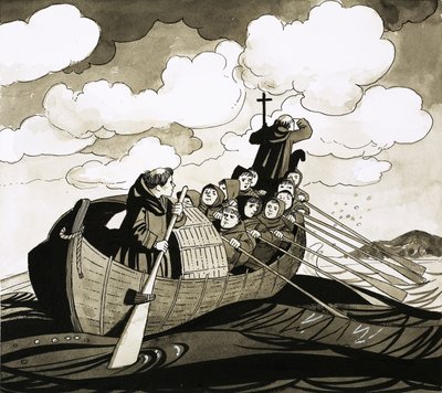 Groupe de moines non identifiés ramant vers une île - Richard Hook