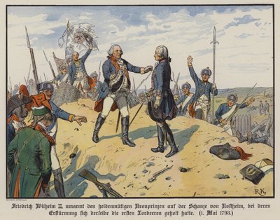 Le roi Frédéric-Guillaume II de Prusse embrassant son fils héroïque, le prince héritier Frédéric-Guillaume, sur la colline de Kostheim - Richard Knotel