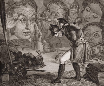 Les voyages de Gulliver de Jonathan Swift. Gulliver exposé sur une table à l