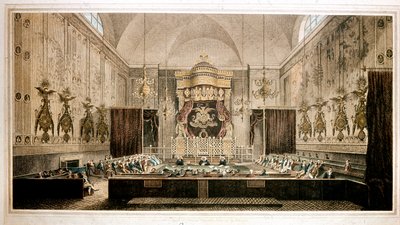 Vue de la Chambre des Lords, chambre haute du Parlement de Grande-Bretagne. Gravure par Rothwell. 19ème siècle Parker Gallery, Londres - Richard Rothwell