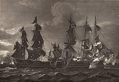 Le capitaine HMS abordant le San Nicholas et le San Josef, illustration de 