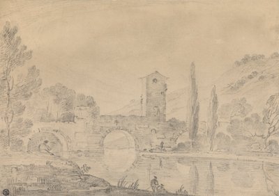 Paysage italien avec pont à trois arches, maison de pont, figures sur la rive proche et peupliers sur la rive lointaine - Richard Wilson