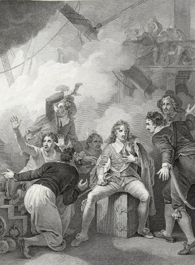 Le comte Sandwich refusant de quitter son navire en feu, lors de la bataille de Sole Bay, gravé par W. Byrne, illustration de 