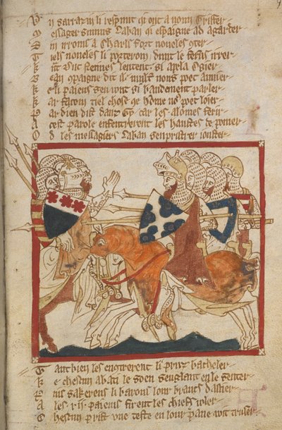 Egerton 3028 f.98 Ils battent les Sarrasins envoyés à leur rencontre, illustration de 