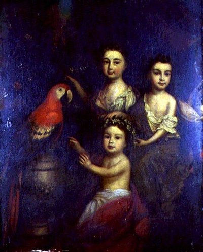 Portrait de trois enfants avec un ara - Robert (circle of) Byng or Bing