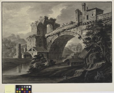 Fantaisie architecturale avec un pont antique sur une rivière, et un moulin à eau au premier plan - Robert Adam