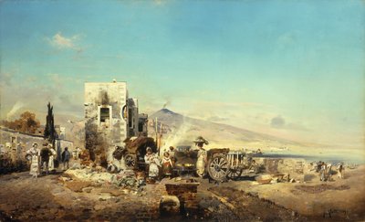 Un village napolitain avec le Vésuve au loin, 1889 - Robert Alott